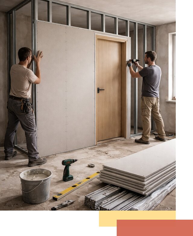 Перегородка из гипсокартона с дверью под ключ в Валуйках