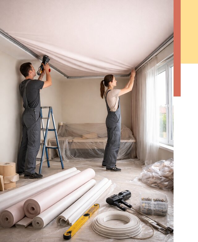 Монтаж цветного натяжного потолка в Валуйках от 4471 руб/м² — быстро и недорого | ОТДЕЛОЧНИК-Вли