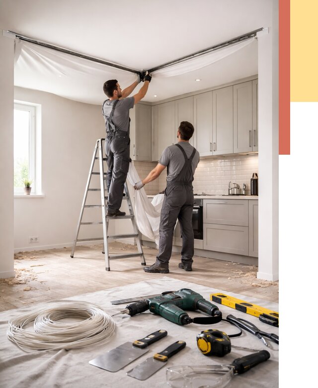 Установка натяжного потолка на кухне в Валуйках от 2555 руб. | ОТДЕЛОЧНИК-Вли