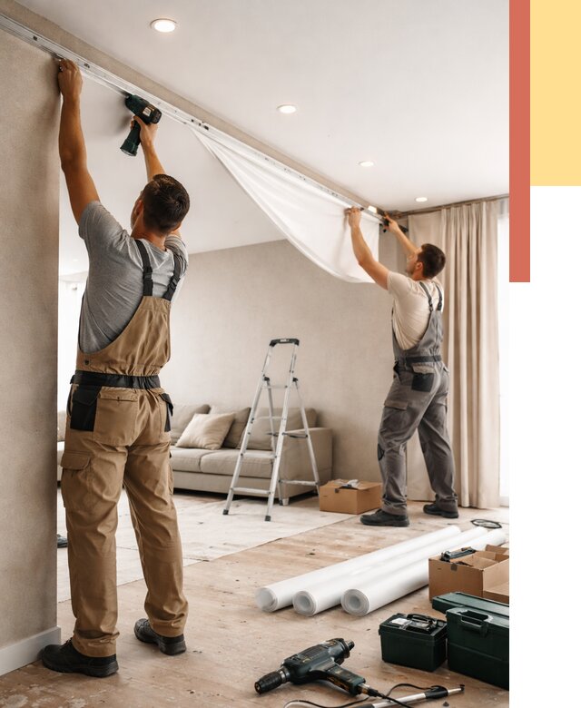 Монтаж натяжного потолка в гостиной в Валуйках от 585 руб. | ОТДЕЛОЧНИК-Вли